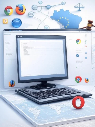 A computer setup with a monitor displaying a document, surrounded by browser icons and symbols related to internet and law.