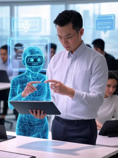 A man interacts with a holographic AI assistant in a modern office setting.
