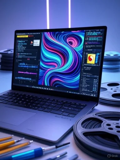 A laptop displaying colorful abstract art and editing software, surrounded by film reels, pens, and electronic devices.