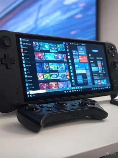 A handheld gaming console with a large screen displaying a colorful game library, placed on a stand.