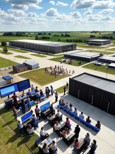A tech campus with outdoor workstations, large screens, and a group of employees gathered for an event amid green fields and blue skies.