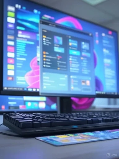 A computer setup with dual monitors displaying colorful digital dashboards, accompanied by a keyboard and a smartphone.