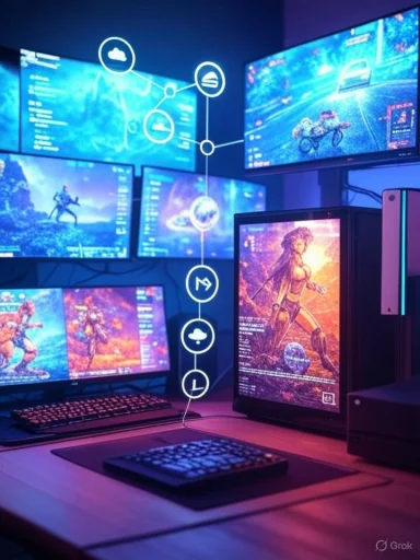 Multiple monitors display vibrant gaming scenes and data, creating an immersive multi-screen gaming setup.