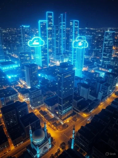 Night cityscape with illuminated skyscrapers and neon cloud icons representing cloud computing.
