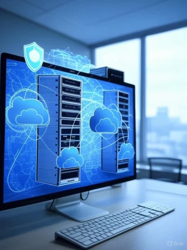 A computer monitor displaying cloud computing and cybersecurity graphics in a modern office. A computer monitor displaying cloud computing and cybersecurity graphics in a modern office.
