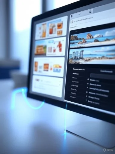 A computer monitor displays various images and information, with a focus on scenic coastline views.