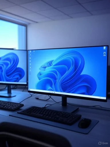 Two computer monitors display the Windows 11 desktop in a modern office setting. Two computer monitors display the Windows 11 desktop in a modern office setting.