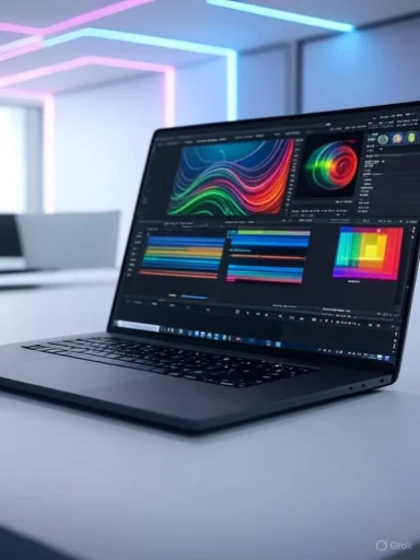 A laptop displays colorful graphic editing software in a modern, well-lit workspace with neon light accents.