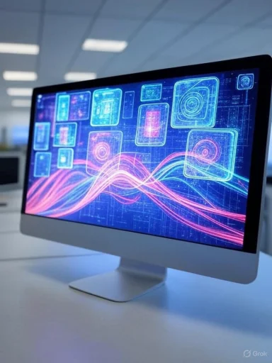 A computer monitor displays a futuristic, digital interface with glowing geometric shapes and colorful data waves.