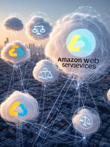 Clouds with digital icons represent Amazon Web Services interconnected over a cityscape background.