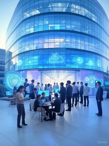People gather in front of a modern glass building with digital cloud and tech icons on the windows.