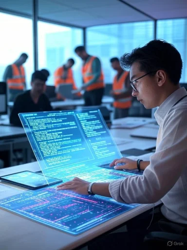 A man working on futuristic holographic screens with colleagues in a modern office setting.