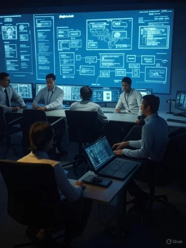 Team of experts analyzes cyber security data on a large digital display in a high-tech operations room.