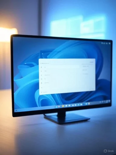 A modern desktop monitor displaying a Windows interface in a softly lit room.