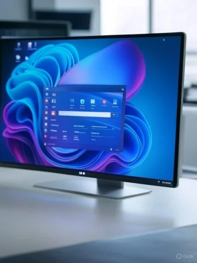 A sleek, modern desktop monitor displaying a colorful, abstract wallpaper with an open application window.