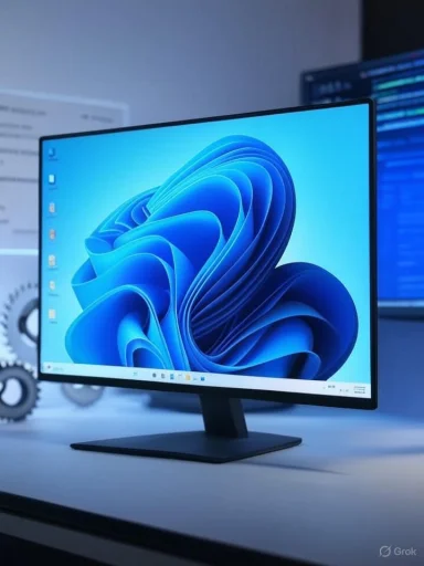 A sleek computer monitor displaying the Windows 11 desktop, on a clean workspace with gear models in the background.