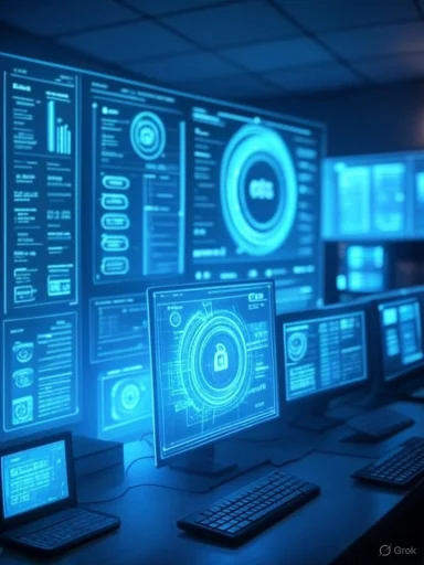 Multiple monitors display futuristic security and data analytics interfaces with glowing blue graphics.