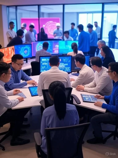 A group of professionals collaborating and working on computers in a modern, high-tech conference room.