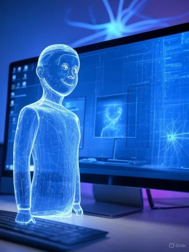 A glowing digital hologram of a cartoon-like person projected in front of a computer, with a futuristic technical background.