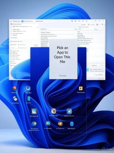 A computer screen showing app icons and two overlapping windows with a prompt to pick an app to open a file.