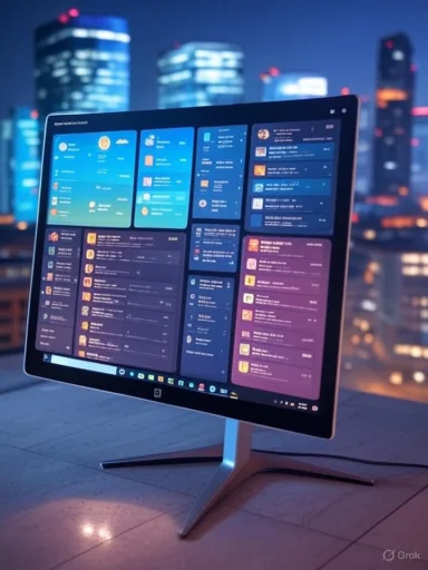 A large monitor displays a colorful digital dashboard or interface against a cityscape at night.