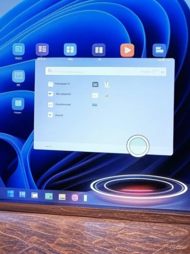 A computer screen displaying the Windows 11 interface with several open apps and a floating window on a dark blue background.