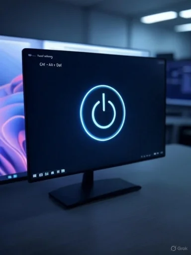 A computer monitor displays a glowing power symbol on a dark background in a modern office setting.