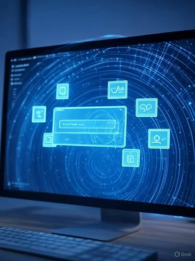 A futuristic digital interface on a computer screen displaying icons, a search bar, and data visualizations.
