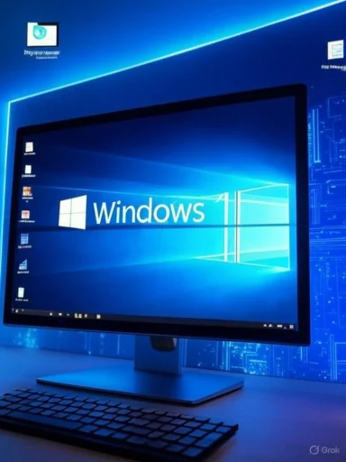 A computer monitor displays the Windows 10 desktop with a keyboard in front, set against a digital-themed blue background.