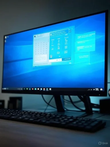 A computer monitor displaying a Windows desktop with system update or installation notifications.