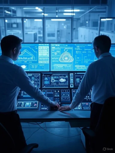 Two scientists analyze complex data on multiple digital screens in a high-tech research room.
