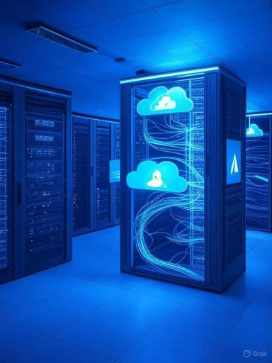 A data center with illuminated cloud icons and flowing digital lines on server racks, bathed in blue light.