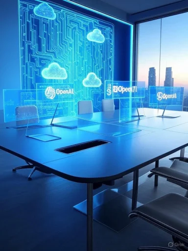 A futuristic conference room with digital cloud graphics and OpenAI branding, illuminated in blue LED lighting.