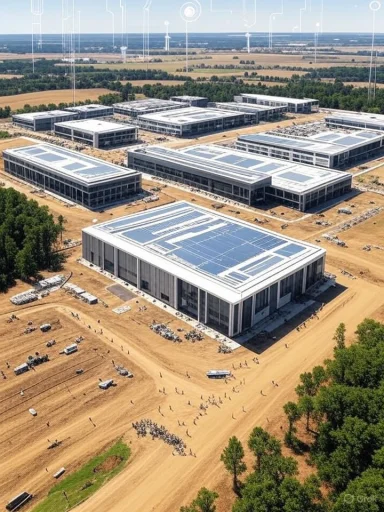 A large tech campus under construction, featuring multiple modern buildings and solar panels on the roofs.