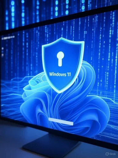 A computer screen displaying the Windows 11 logo with a digital, cyber-themed background.