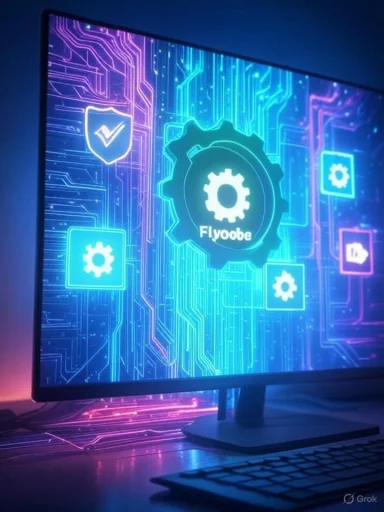 The monitor displays a digital interface with the 'Flyoobe' logo surrounded by icons of gears and security symbols in a futuristic, neon-lit style.