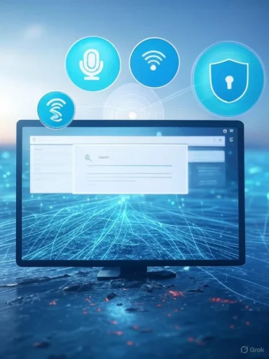 A digital illustration of a computer monitor over a cityscape with icons representing microphone, Wi-Fi, and security shields, symbolizing cybersecurity.