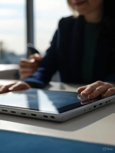Person using a tablet and holding a smartphone in a bright office setting.