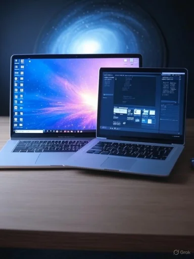 Two laptops are placed on a wooden desk with a cosmic galaxy background.