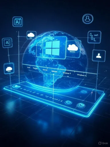A digital hologram of Earth with various cloud and AI icons, centered around a Windows logo, displayed over a virtual mobile device.