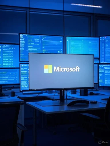 Multiple monitors displaying blue digital interfaces surround a central screen showing the Microsoft logo in a high-tech control room.