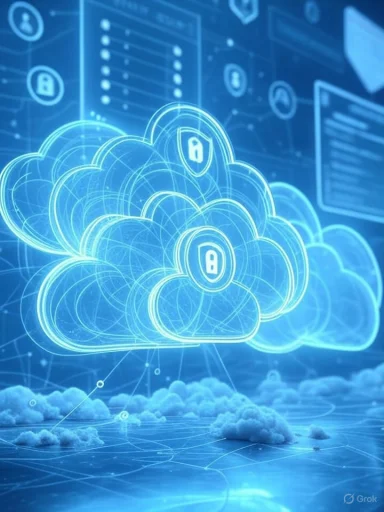 Digital cloud storage with security icons and interconnected data in a high-tech, futuristic setting.