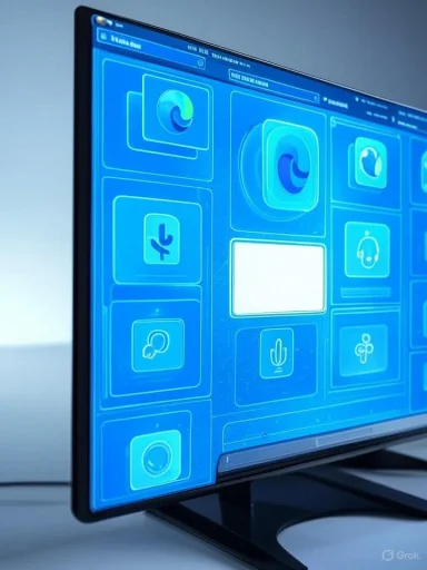 A computer monitor displays a futuristic interface with various glowing blue icons and graphics.