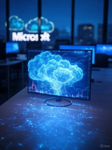A computer monitor displays a glowing cloud graphic with digital data, representing cloud computing technology.