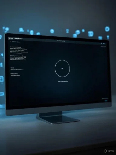 The image shows a computer monitor displaying a dark interface with code or data, surrounded by floating blue digital symbols.