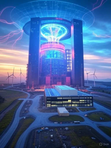 A futuristic skyscraper with vibrant neon lights and lightning visuals, surrounded by wind turbines at sunset.