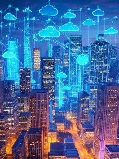 Cityscape illuminated at night with digital cloud and network graphics overlay, symbolizing cloud computing.