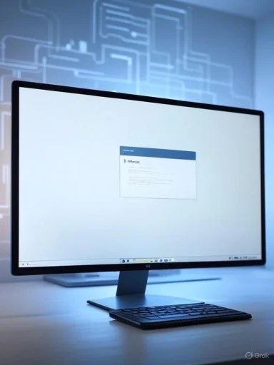 A sleek computer monitor displays a login screen in a modern, tech-themed workspace with blue digital graphics.
