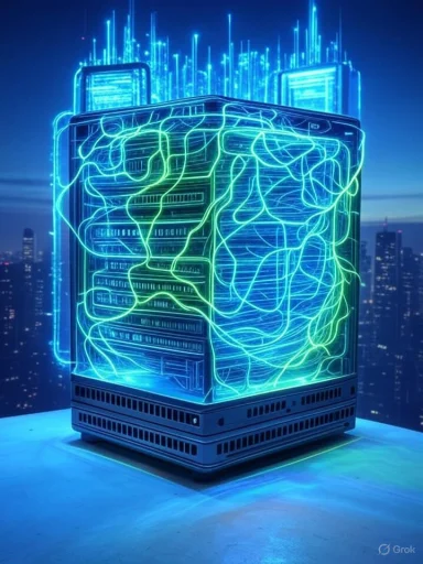 A futuristic neon-lit cityscape depicted as a digital server with neural pathways, illustrating advanced technology and data flow.
