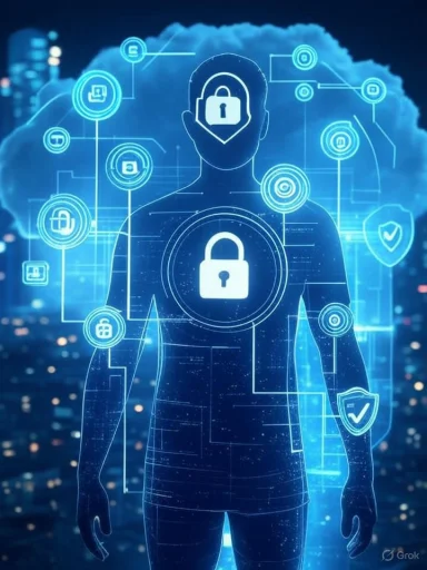 A digital illustration of a human figure with security and lock icons, symbolizing cybersecurity and data protection.